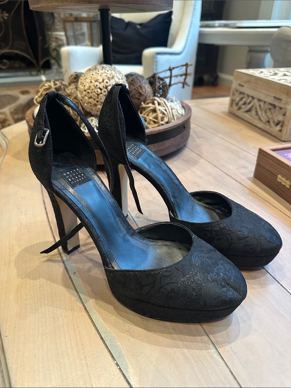 White House Black Market Black Lace D'Orsay Ankle-Strap Heels